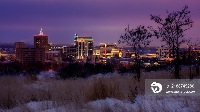 Unique view of the Boise skyline in the winter with foothills trees at night