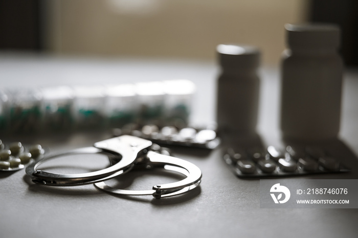 Handcuffs and pills and drugs on white table.