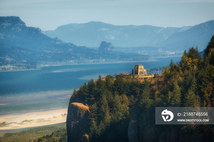 The Columbia River and Gorge, forming the border of Oregon and Washington states. Shot from Chanticleer Point, Crown point and Vista House are visible.