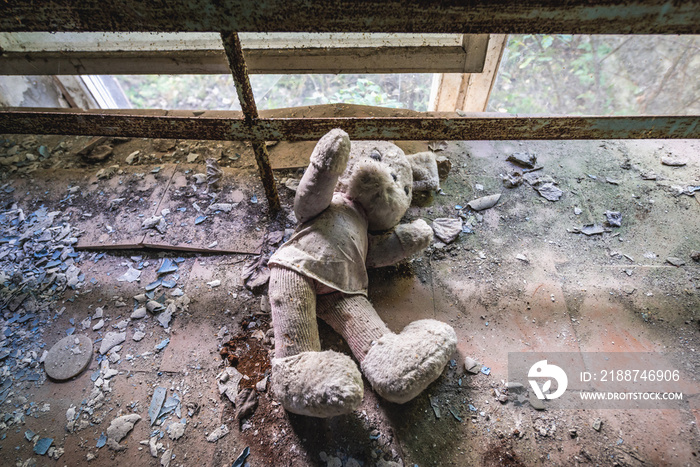 Toy in desolate factory in Pripyat desolate city in Chernobyl Exclusion Zone, Ukraine