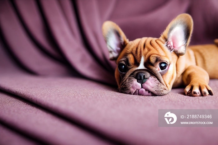 Cute French Bulldog puppy lying on a pink blanket