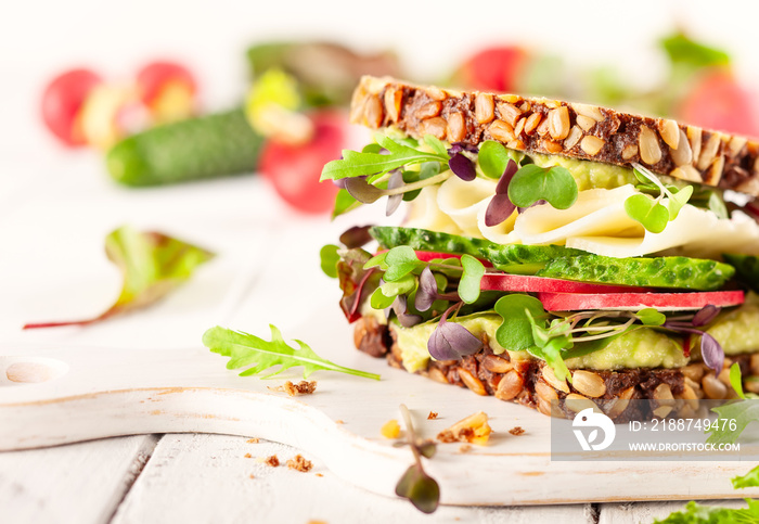 Fresh vegetarian  sandwich  with cheese and veggies.