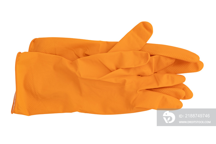 pair of orange rubber or latex gloves for household chores