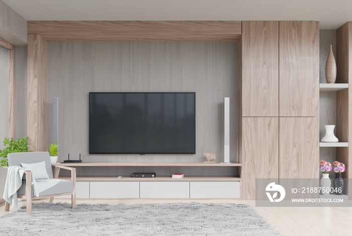 TV on wall in modern living room with decoration and armchair on wooden cement wall background,3d rendering