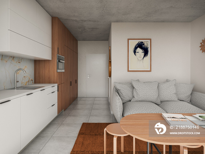 Interior of a small luxury orange wooden apartment. Comfortable small living room with open space, 3D rendering