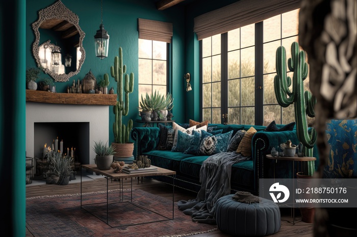 a cozy, boho California home interior with muted boho and dark cyan coloring AI assisted finalized in Photoshop by me