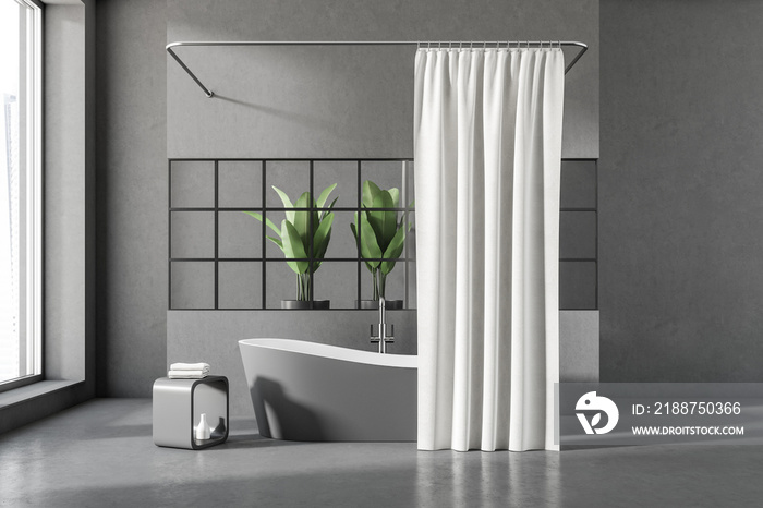 Grey bathroom interior with bathtub and curtain, plant and window