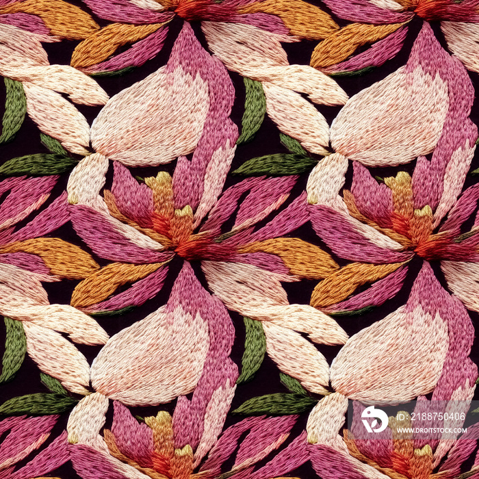 Embroidery floral seamless pattern. Embroidered flowers repeating fabric backdrop. 3D illustration.