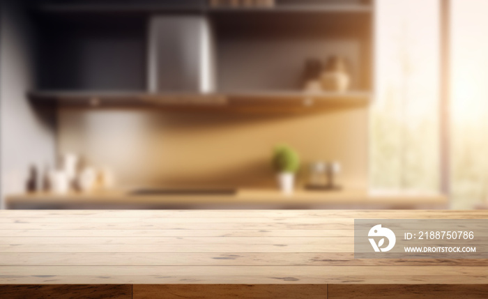 Empty beautiful wood table  top counter  and blur bokeh modern kitchen interior background in clean and bright,Banner, Ready for product montage