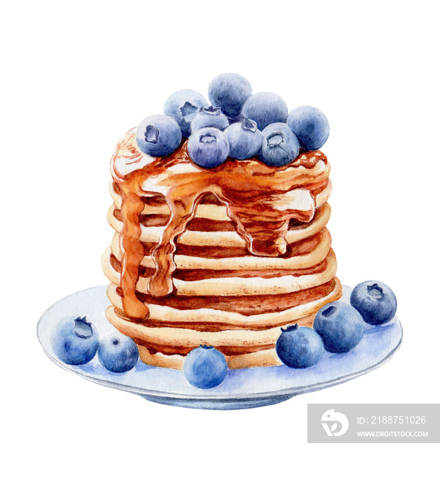 Appetizing pancakes  with blueberries on a plate hand-drawn in watercolor on a white background