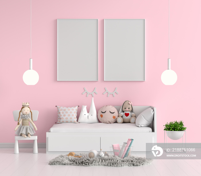 Pink child bedroom with frame mockup, 3D rendering