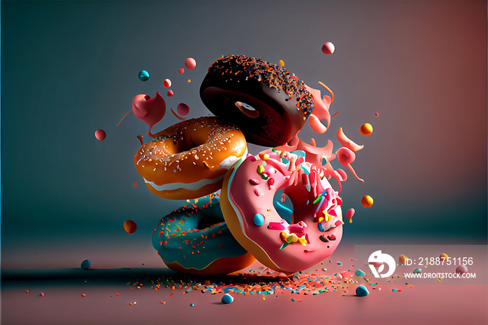 A bunch of delicious donuts falling down with sprinkles on a dark pink background