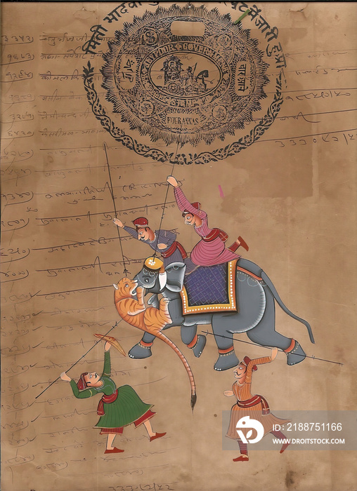 Illustration of an Indian traditional art depicting a fight between men and animals