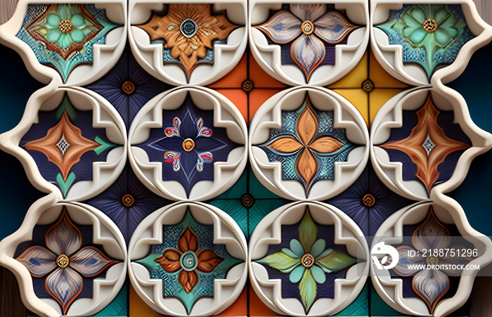 Colorful modern 3D ceramic tiles wall decoration. Turkish ceramic tiles wall decor background