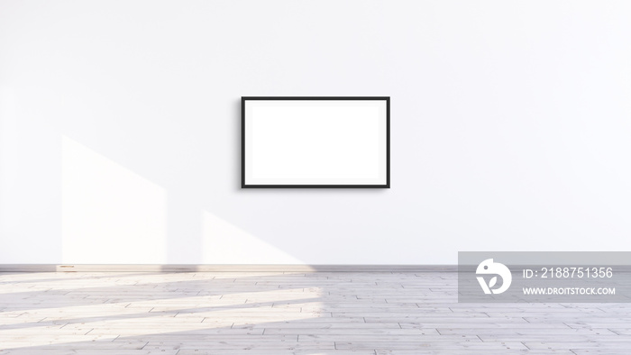 Empty horizontal black frame mock up in a white interior room design with wooden oak floor, Empty modern frame for prints, Wall mockup, 3d illustration white wall interior render artwork