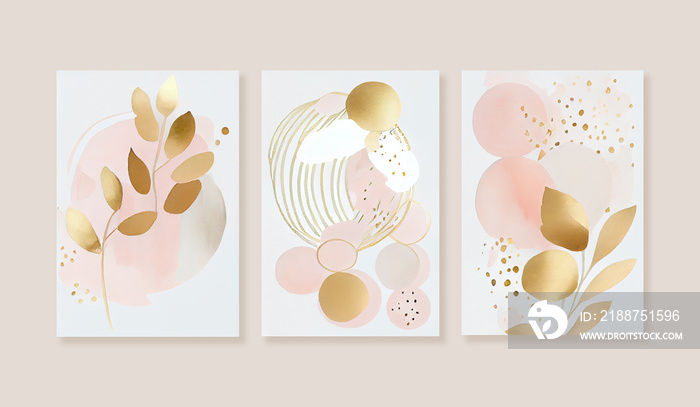 Arrangements. Blush, pink, ivory, beige watercolor Illustration and gold elements, on white background. Abstract modern