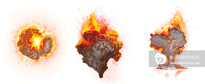 Explosions set PNG. Realistic fiery explosion collection with sparks. Large fireball with black smoke on transparent background.