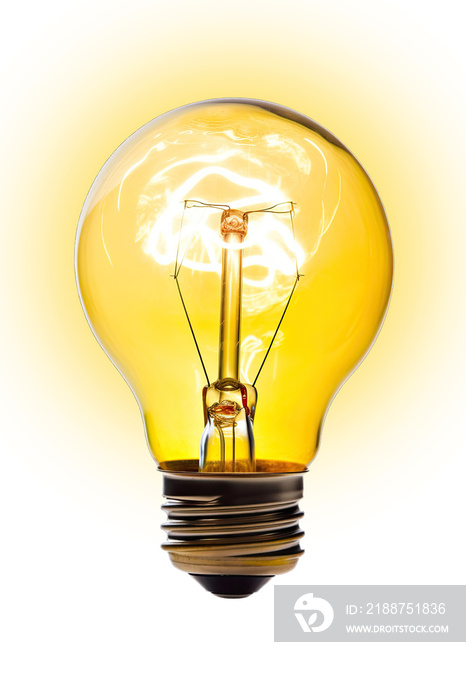 Glowing yellow light bulb isolated on transparent background.