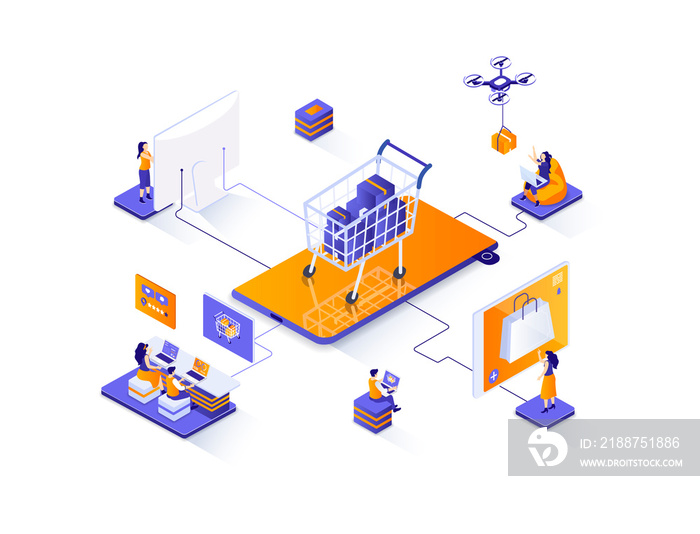 Online shopping isometric web banner. E-commerce platform isometry concept. Web solution for online shopping 3d scene, order and delivery application design. Illustration with people characters.