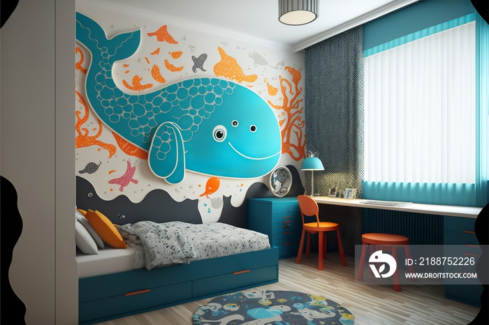 Modern style wall covering with 3D effect in the apartment, living room, interior wallpaper for kids