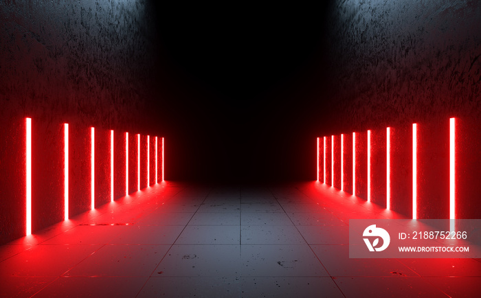 3d Rendering Red Neon Light Glowing Corridor Passage Hallway Entrance Concrete Floor Tiles Illustration Backgrounds