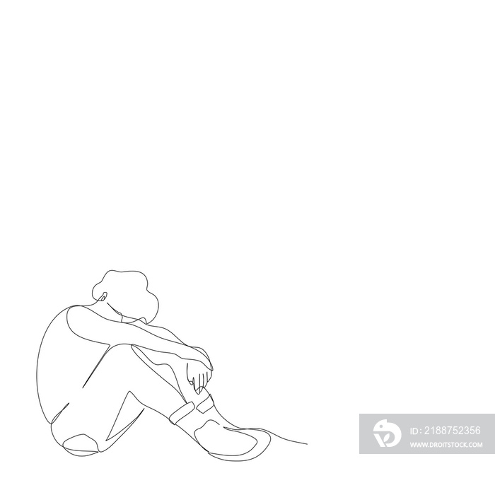 One depression man is sitting face down on his knees isolated vector illustration in single line drawing style.Alone Teenager is tried and be absent-minded vector continue line concept healthcare.