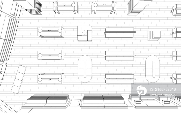 shopping mall, contour visualization, 3D illustration, sketch, outline