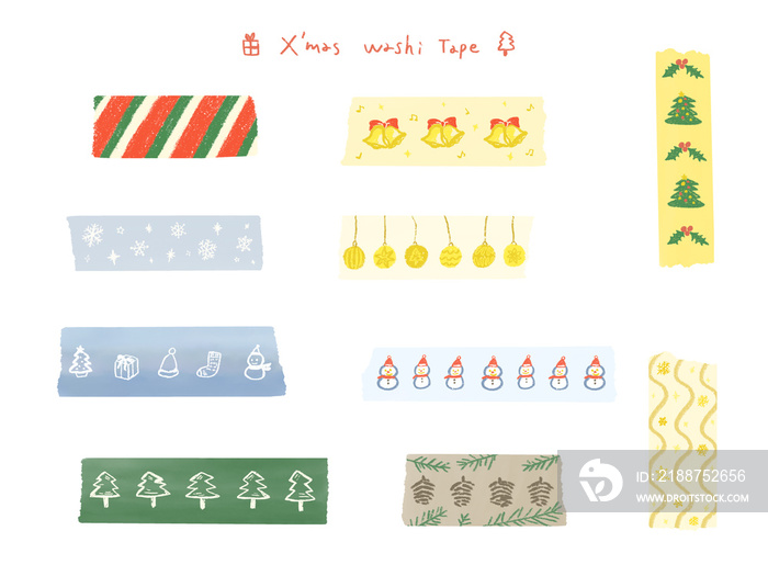 Christmas color decoration masking tape(WashiTape) hand drawn illustration set / クリスマスカラーの装飾マスキングテープ 手描きイラストセット