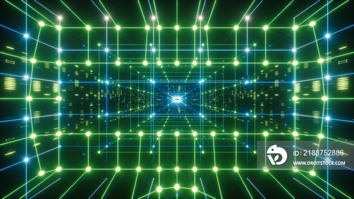3d render, colorful neon virtual reality tunnel, abstract geometric background. Virtual data with neon green blue lines and dots. Player begins the VR game. VR experience. Wireframe.