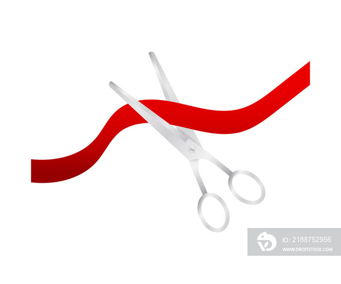 silver scissors cutting red ribbon.  stock illustration.