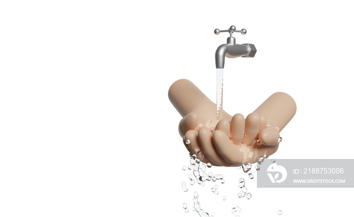 3d washing two hands under the water tap isolated. hands holding clean water drop, save water, world water day, wash hands clean concept, 3d render illustration