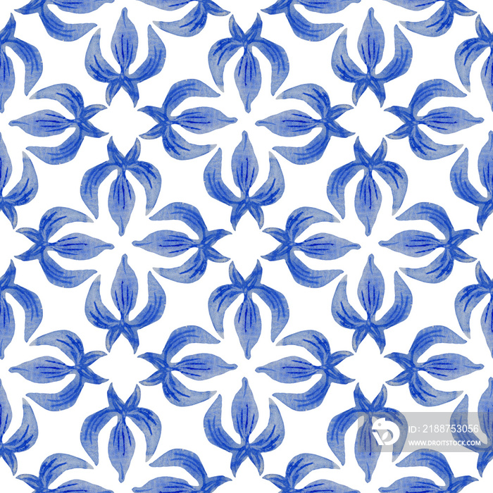 Watercolor blue floral seamless pattern isolated on transparent background. Tile with Baroque scrolls, leaves and Royal lily flowers
