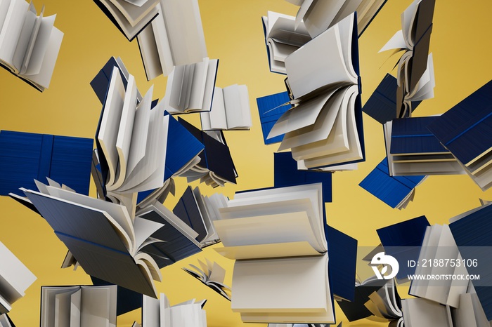 abstract background. patterns of books in blue covers scattered on a yellow background. 3d render. 3d illustration