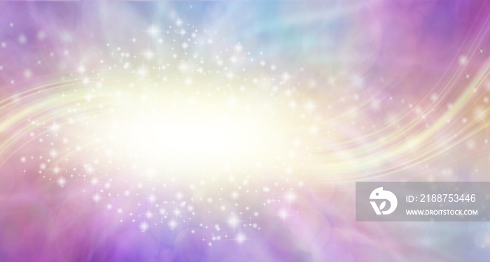 Celestial Light  Energy Form Background - Shimmering sparkling stars around white oval with golden streams of light and pink blue background ideal for announcements and messages