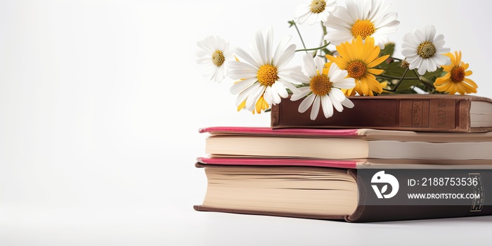 Books with Flowers on White Background, World Book Day Concept Background.