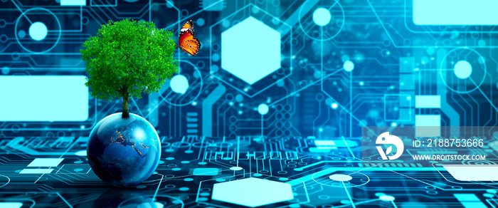 Tree growing on Earth with abstract blue background. Environmental Technology, Earth day, Energy saving, Environmentally friendly, csr, and IT ethics Concept. Elements furnished by NASA.