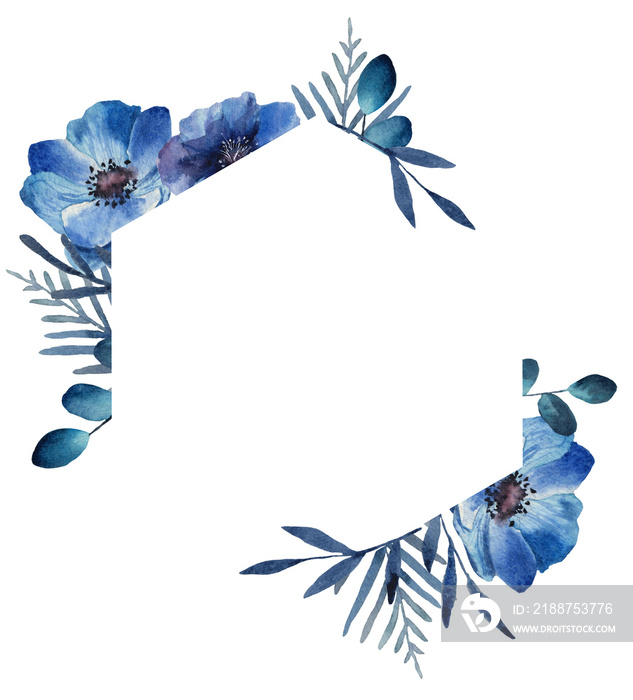 Square  of blue and blue flowers, painted with watercolors, on a white background, wedding illustration, for your design