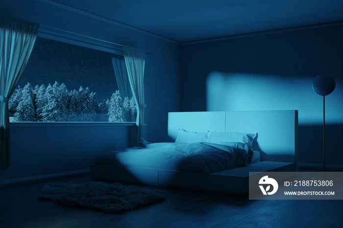 3d rendering of bedroom with cozy low bed at a winter night