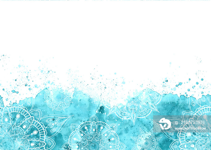 Hand-drawn watercolor border with blue background and mandala. An illustration for postcards, printing design. Isolated on white.