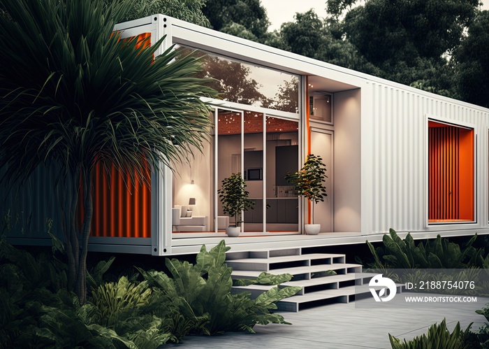 illustration concept of sustainability and recycle , container box remake as restaurant, office or house, modern and minimalism design, idea for sustainability for environmental preservation, orange