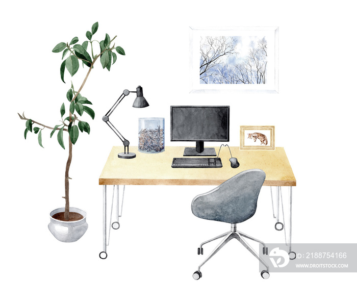 Watercolor hand drawn interior illustration of home office with wooden desk, office chair on wheels, computer, square picture frames, houseplant and lamp. Isolated objects on white background.