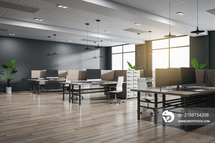 Modern coworking office interior with window and city view, wooden flooring and sunlight. 3D Rendering.