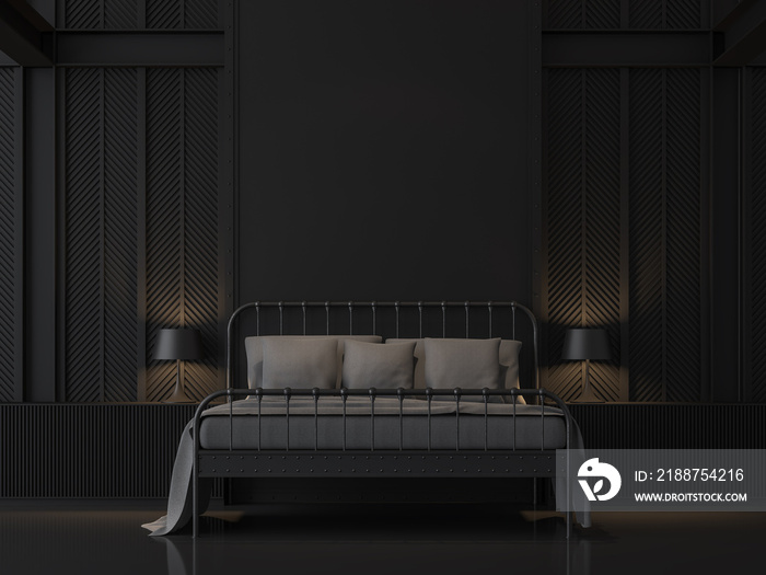 Black bedroom with industrial loft style 3d render.There are black floors, Decorate wall with pattern of steel,Furnished with dark gray fabric bed.