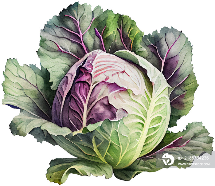 watercolor illustration of a cabbage on transparent background