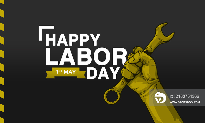 Happy labor day 1st may banner design with workers hand over black background