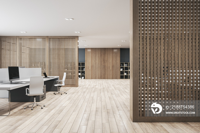 Clean office interior with furniture, equipment and wooden partitions. 3D Rendering.