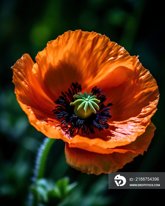 Close-up of a vibrant, orange poppy flower, the delicate, crinkled petals and dark center creating a striking contrast, set against a blurred background of green spring foliage.