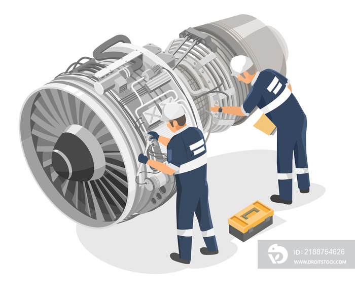 Aircraft engineer jet engine maintenance engineering technicians checking service airplane turbine diagram inside for maintenance isometric isolated on white
