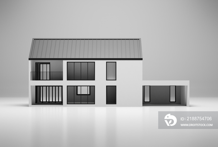 Simple house on white floor with grey background. 3d rendering of exterior residential building.