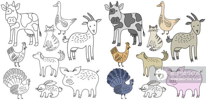 Doodle farm animals. Cartoon illustration. Hand drawn cow, pig, rabbit, dog, geese, chicken, cat.